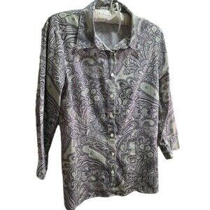 Women's L Van Heusen Grey Green White Paisley Button Blouse